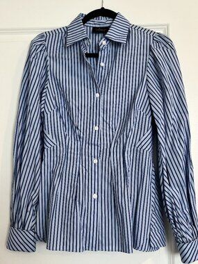 Petersyn NY Blue Striped Puffed Sleeve Pleated Waist Blouse - Size XS